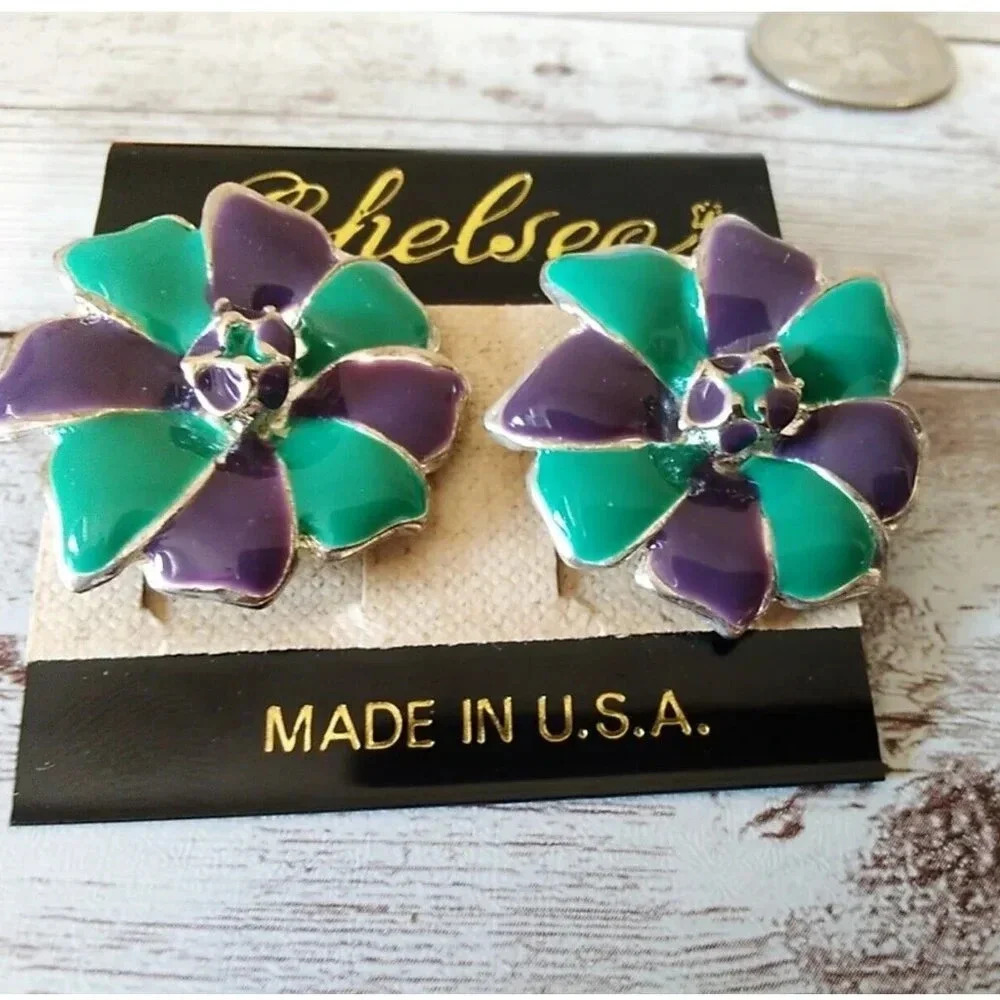 Vintage 1980s Purple & Teal Flower Earrings Perfect Condition NEW